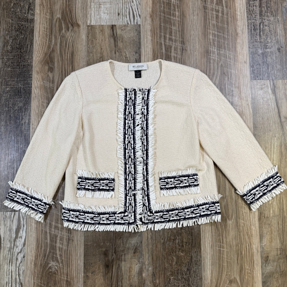 ST. JOHN White Knits Bianco Caviar Clair Knit Topper Jacket Blazer Size 6 Preppy